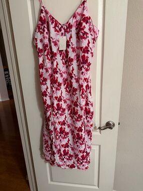 Lightweight Pink & Red Floral Midi Slip Dress 1X